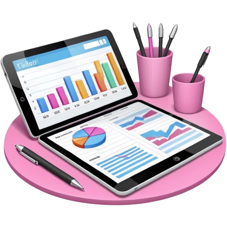 tablet on a desk with papers and pens showing data analysis stuff on it pink emoji