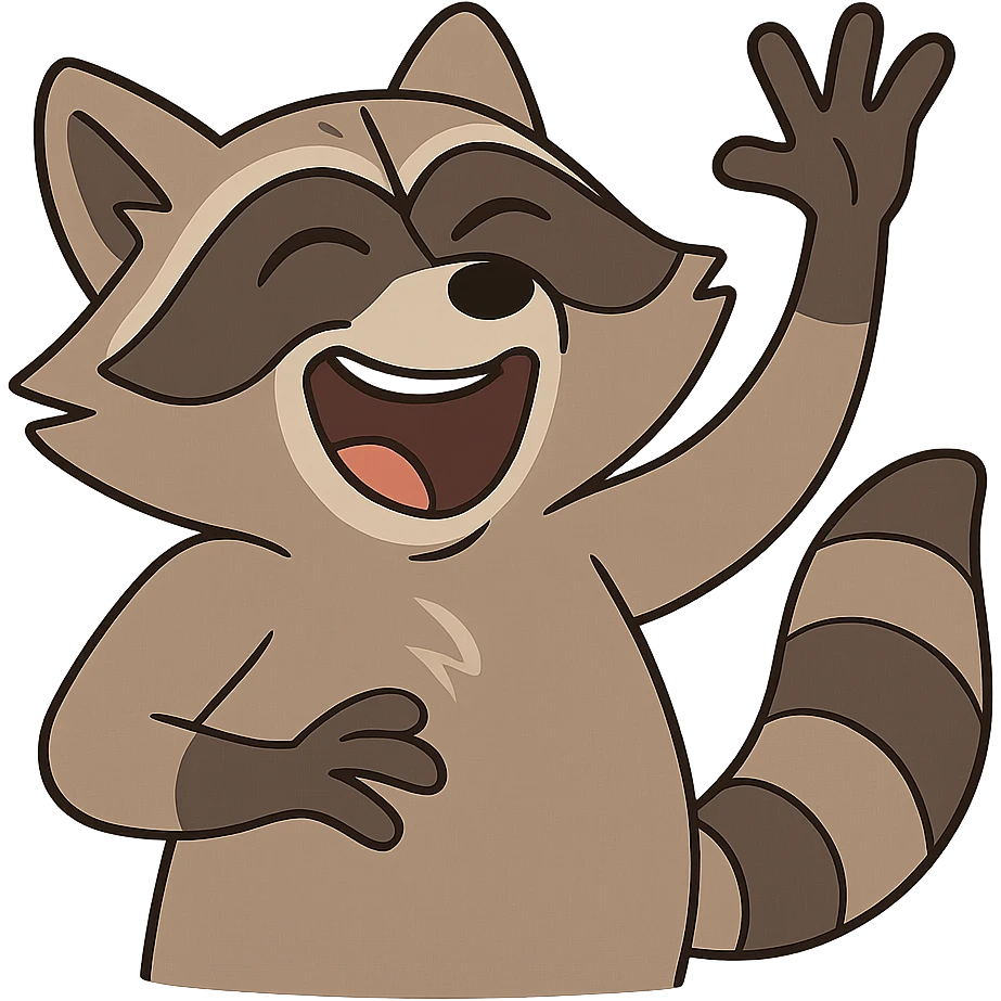 raccoon, eyes closed, mouth wide open in laughter, waving energetically emoji