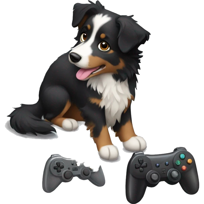 Small black australian shepherd dog with video game controller  emoji