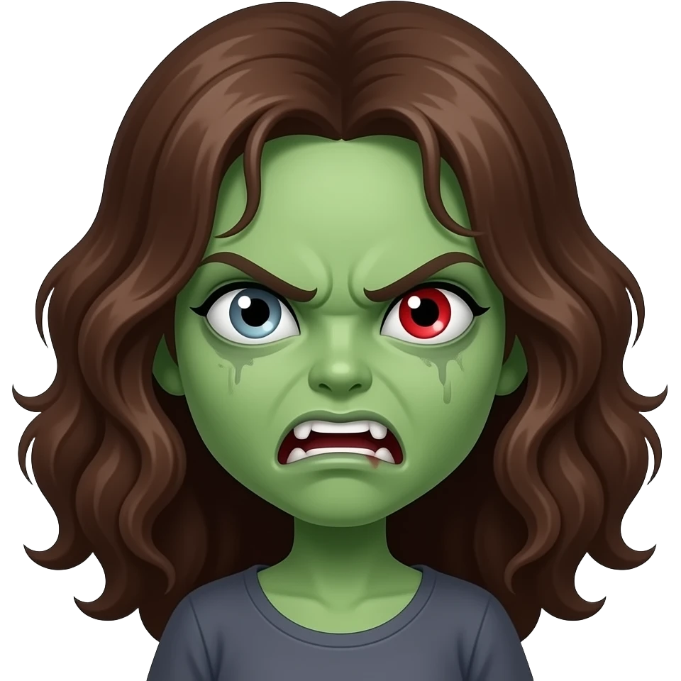Uma menina zumbi de pele verde, cabelo grande marrom ondulado, olho vermelho, raiva emoji