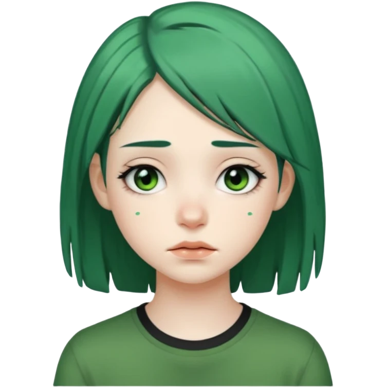 A teenager who looks like Billie Eilish when she had green and black hair tired emoji