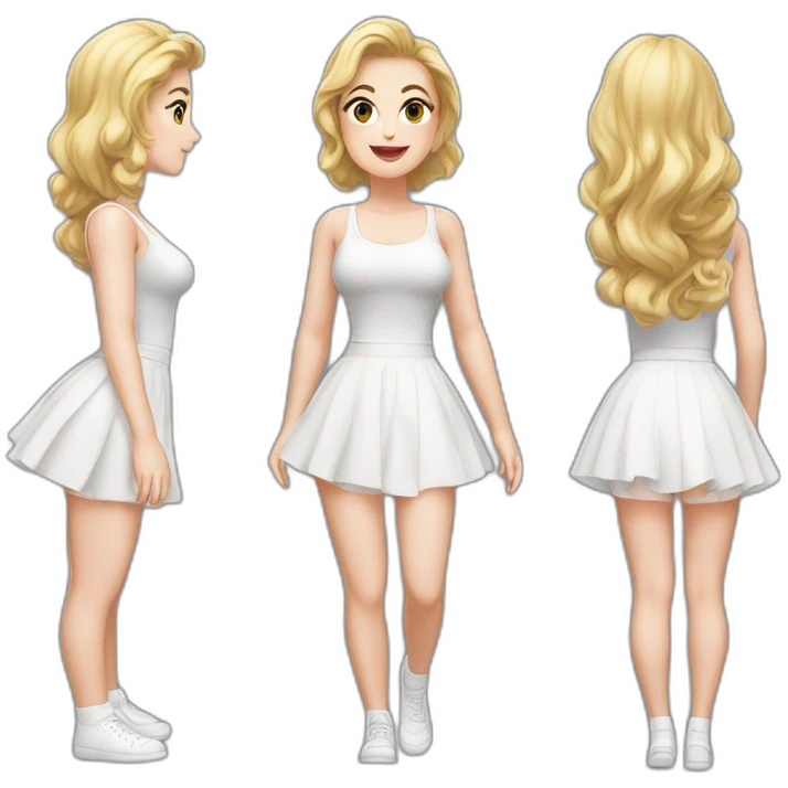 realistic full body caucasian curvy beauty jumping short black skirt back and front views strong wind white knickers long white socks emoji