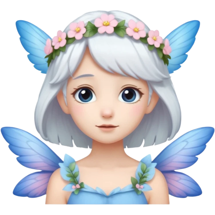 A shy white hair fairy with soft blue wings with flower smallcrown emoji
