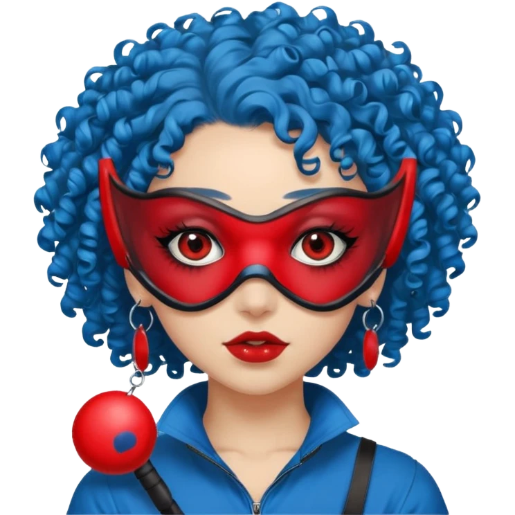 blue curly haired girl with huge earrings, wearing red paintball eye mask, emoji
