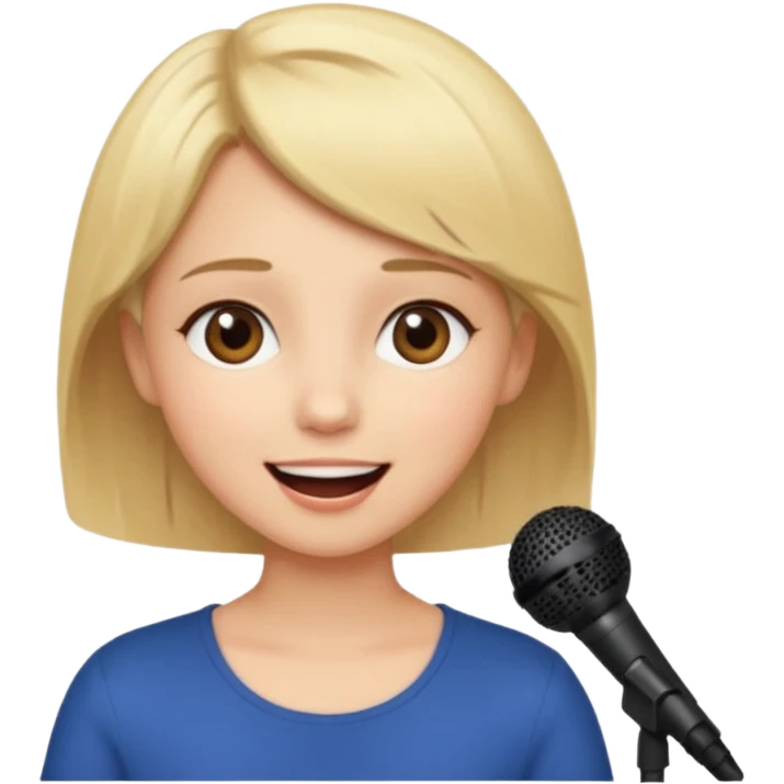 Crea una chica cantando con pelo rubio corto con ojos cafes  emoji