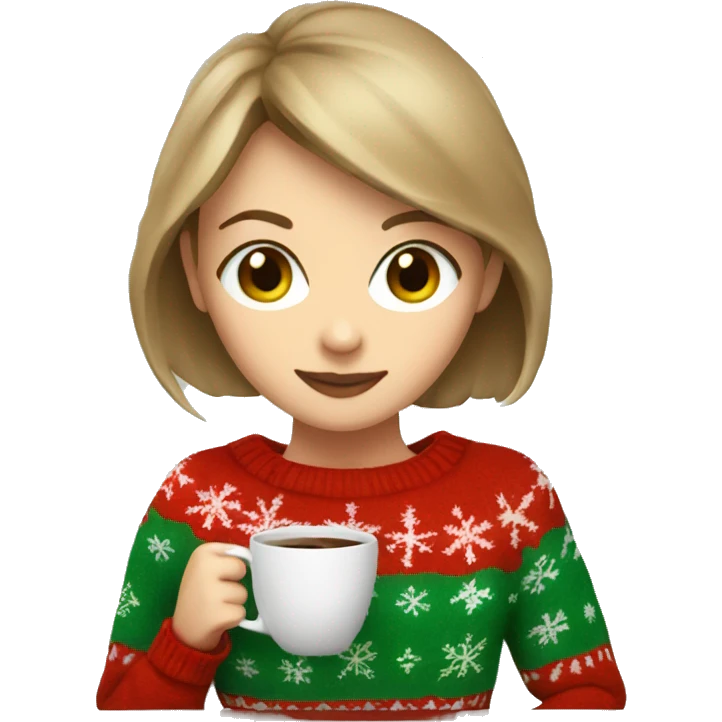 Light brown short haired girl with green eyes drinking coffee wearing red Christmas sweater emoji