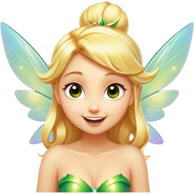 Cinematic Realistic Blonde Tinker Bell Fairy Portrait, head tilted dramatically with an exaggeratedly amused expression, featuring a striking, lively pixie form with radiant golden blonde hair and luminous, iridescent wings dusted with playful sparkles. Her expressive eyes brim with cheeky mischief, rendered with vibrant, lifelike textures and dynamic natural lighting that imbues the scene with an air of magical whimsy and over‐the‐top fairy fun. emoji
