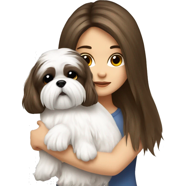 Girl Brunette  long hair, hugging her white Shih tzu emoji