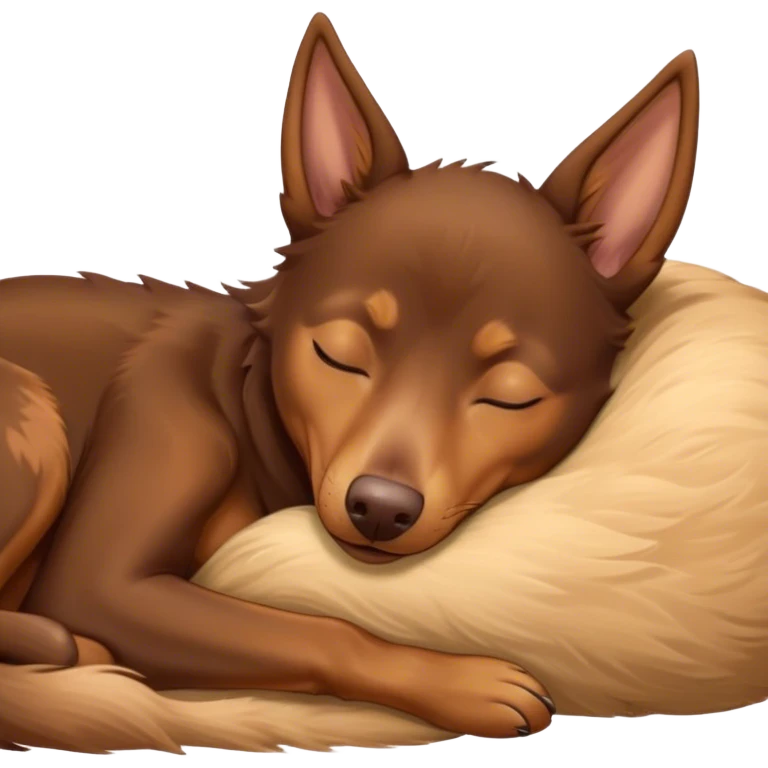Meme-Worthy Cute Sleeping Brown and Tan Kelpie Portrait Emoji, Head resting peacefully with a contented smile, showcasing a delightfully agile build and a luxuriously soft brown and tan Fur, eyes shut in a serene nap, Simplified yet hilariously adorable features, highly detailed, glowing with a soft, drowsy light, high shine, relaxed and utterly lovable, stylized with an air of playful laziness, bright and heartwarming, soft glowing outline, capturing the essence of a comically sleepy herder, so meme-worthy it feels like it could instantly become the next viral sensation of adorable slumber! emoji