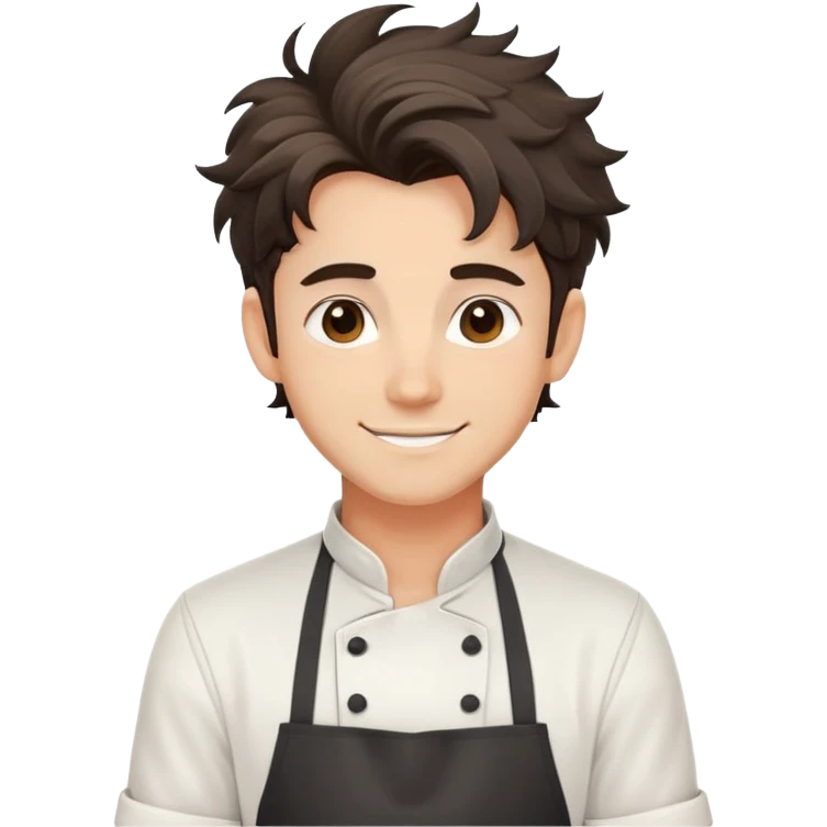 Attractive chef boyfriend with messy dark apron, tousled hair, playful smile, romantic emoji