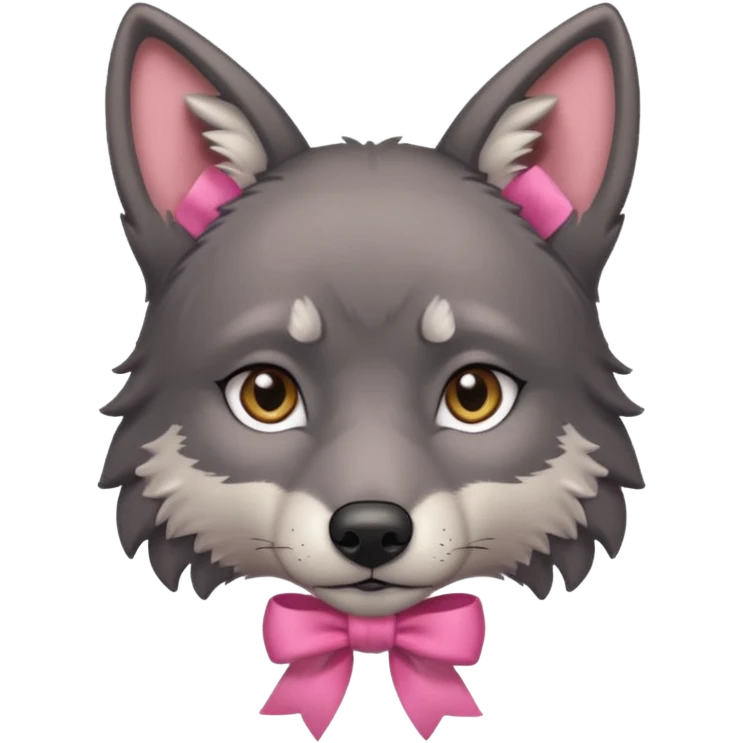 Pleading sad Face cute dark grey wolf with a pink ribbon on his ear head emoji
