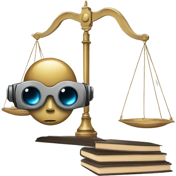 a balance of justice with a robot head on one side and a book on the other side emoji