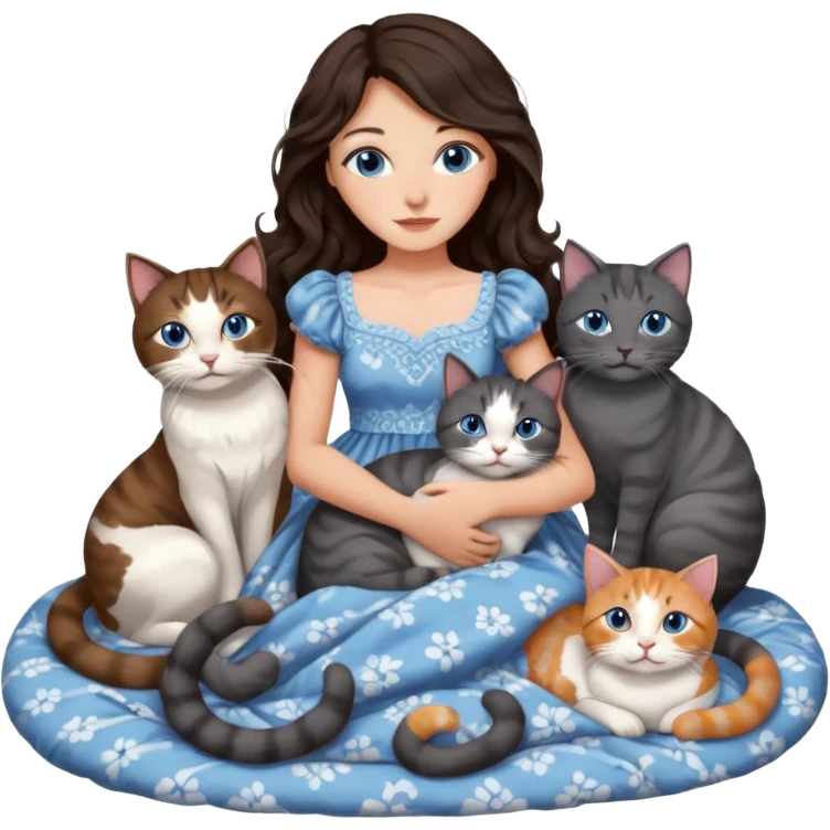 detailed realistic looking a dark grey and white cat regally laying with six other cats, cuddling with their owner in bed who is a pretty bratz lightly tanned white girl with long dark brown hair, blue eyes and gorgeous long wavy hair wearing a pretty detailed dress emoji