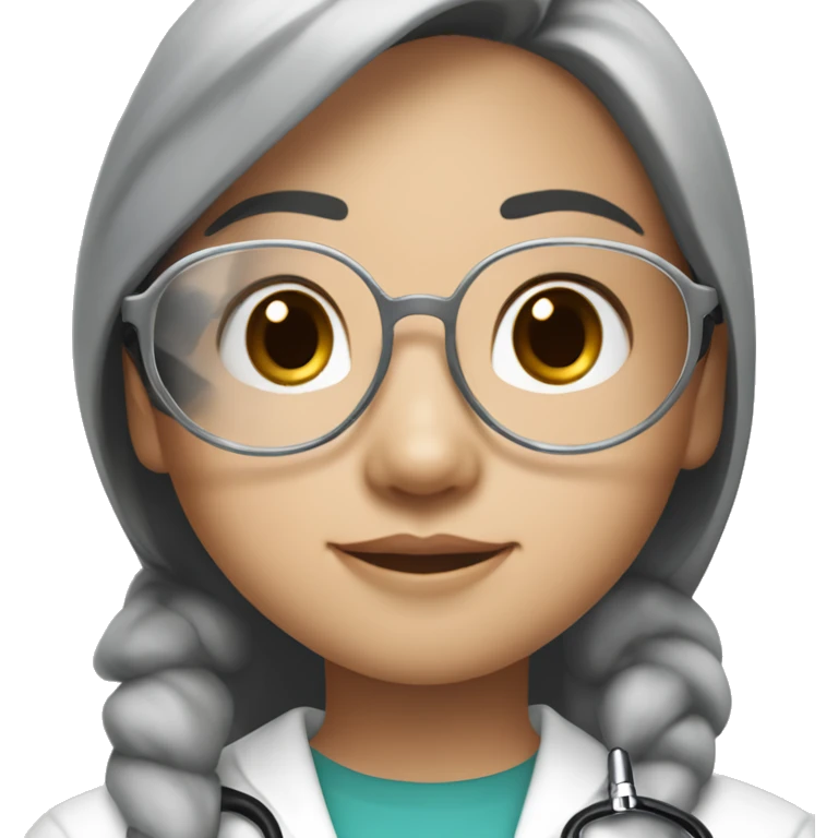 Asian girl, with white skin tone, black hair, wearing silver round harry potter glasses and a white scrub and a stethoscope  emoji