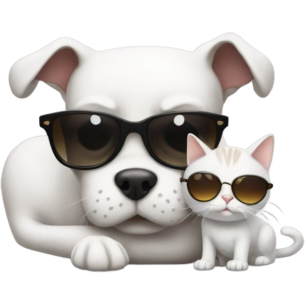 Dark dog wearing sandals biting white cat with sunglasses emoji
