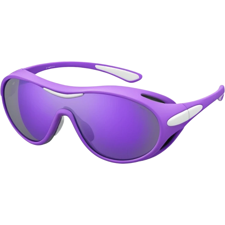 3D render of futuristic sports sunglasses, oval purple tinted lenses, white glossy frame, large gray ventilated nose guard, detailed reflections, realistic materials, high detail, isolated on transparent background, 4K resolution emoji
