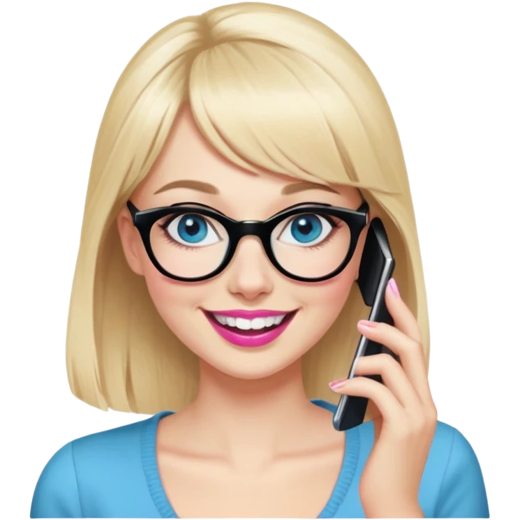 Pin up Woman with pale skin, wider face, blue eyes with eyeliner, thin eyebrows, long eyelashes, pink lipstick, blonde hair up with bangs, wearing black glasses. Laughing on a mobile phone  emoji