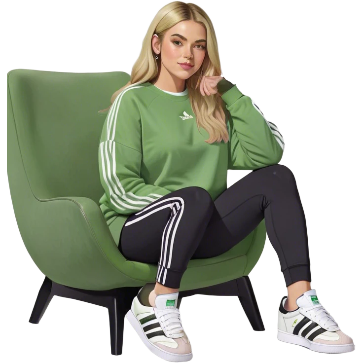 Girl long bright blonde highlighted hair middle part with rosy cheeks and plump mauve lips green eyes and wearing a white sweatshirt and black leggings with black and white adidas OG Samba sneakers sitting in a cozy chair posing with legs over the side of chair  emoji