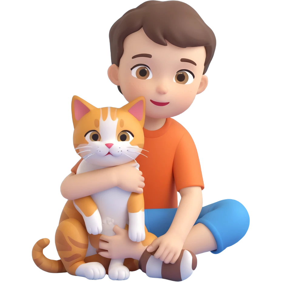 boy and cat pet in forrest background, close up pose emoji
