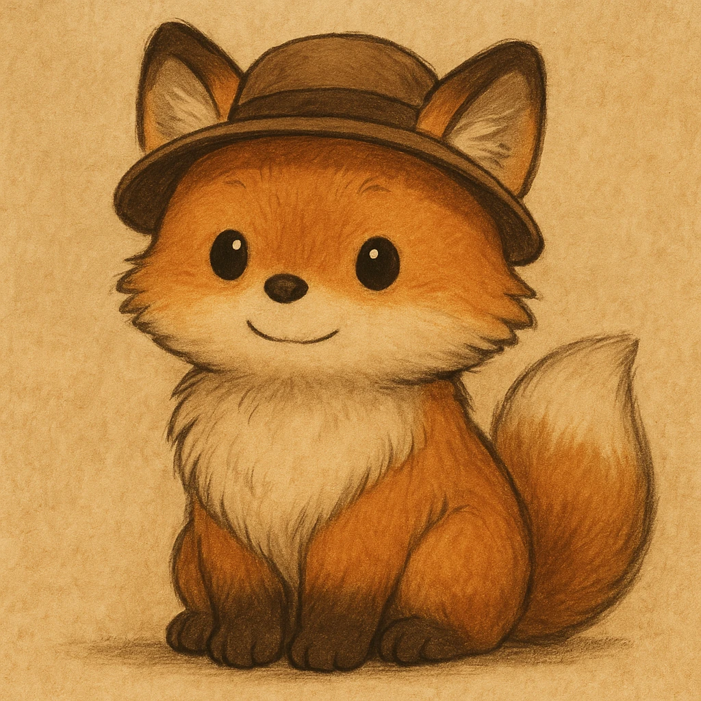 A cute, fluffy fox with a round head in the style of Studio Ghibli, wearing a hat. emoji