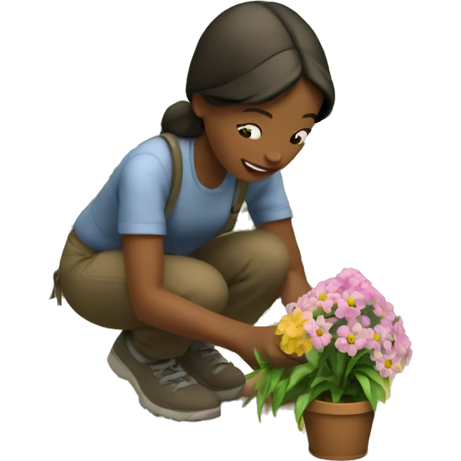 A girl plants flowers in the village emoji
