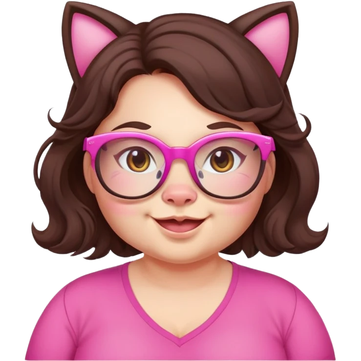 chubby English teacher, happy expression, wearing pink cat glasses, wavy long dark brown hair, only the face, gamer vibe, classroom background, emoji style, for online classes emoji