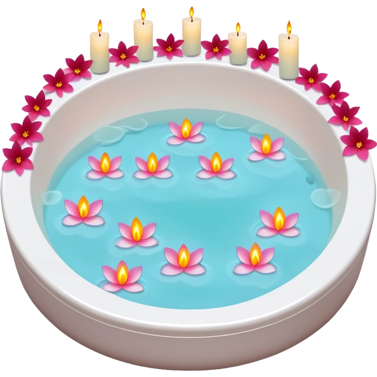 A nice Jacuzzi tub with warm water, with flower petals and scented candles, romantic lush warm colors emoji