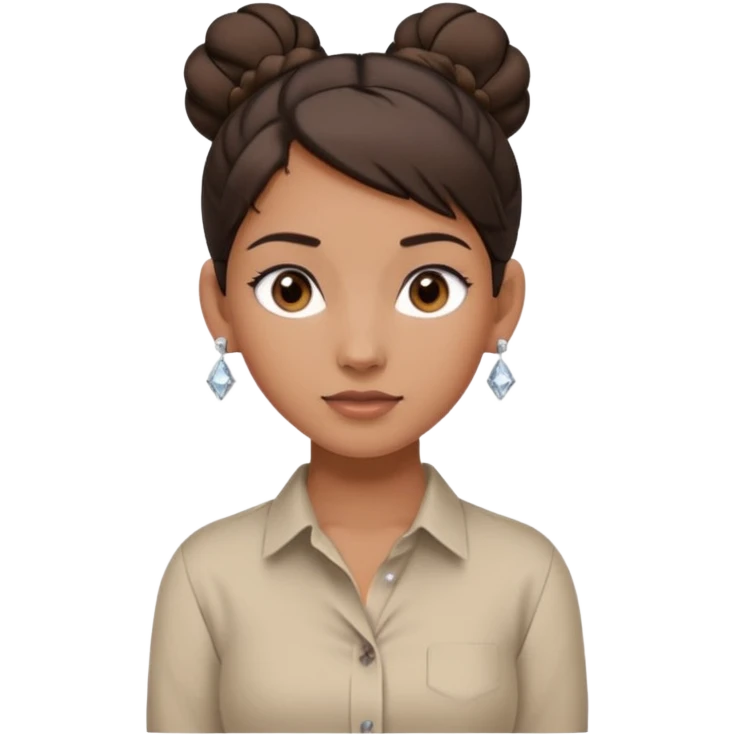 generate a pretty bratz girl with dark brown eyes. Dark brown hair tied in a single bun, tight beige button up shirt with top shirt open. diamond studs in ears. airpods in ear emoji