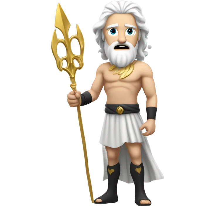 white man Poseidon with gold trident. long white hair white dress. black soot on face emoji