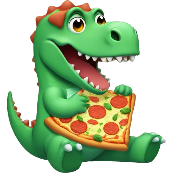 Green dinosaur eating a pizza whilst wearing pyjamas and fluffy white slippers emoji