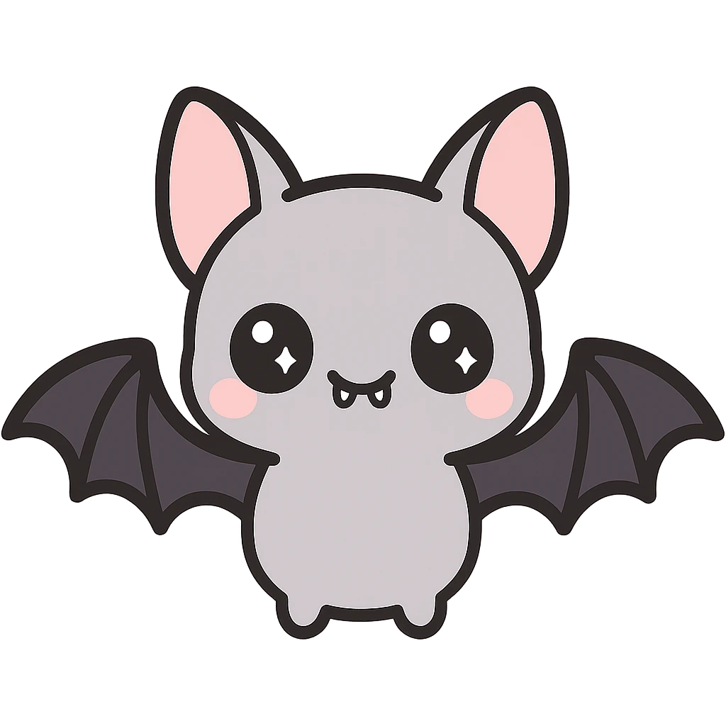 kawaii style bat character, cute face, black and purple wings, big sparkling eyes, tiny fangs, playful and friendly emoji