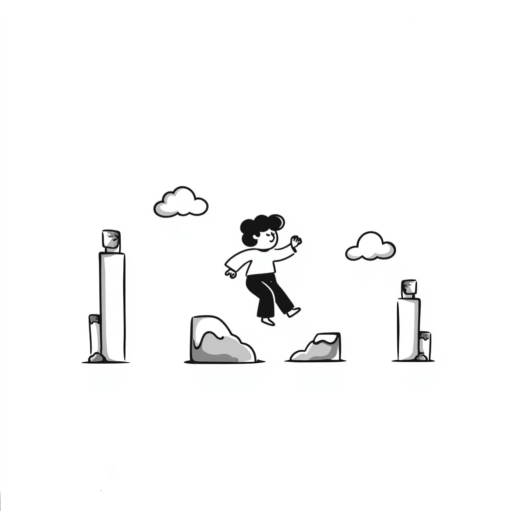 pixel art of a retro side-scrolling video game scene with blocks, platforms, clouds and a character jumping, 8-bit Game Boy style emoji