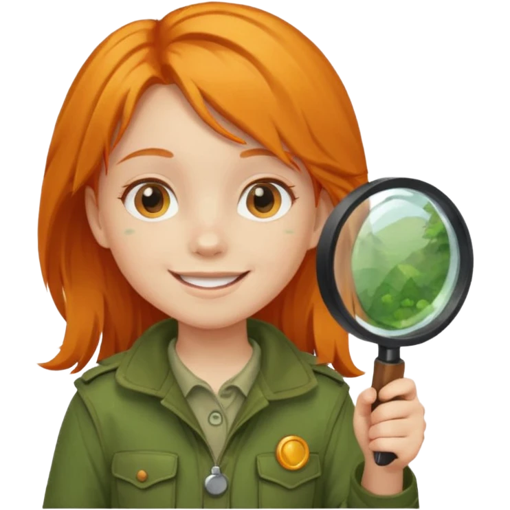 braid orange haired girl kid in moss green explorer outfit, holding magnifying glass, smile emoji