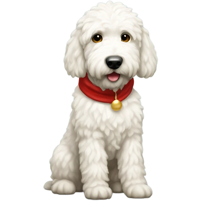 A white golden doodle with a skinny face wearing a Santa outfit  emoji
