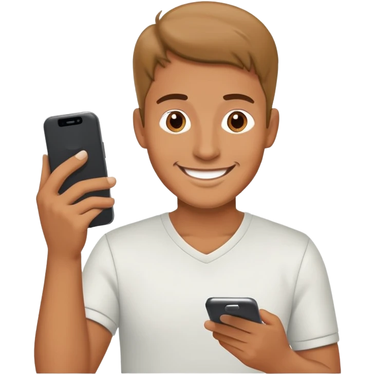 man writes text on 2 phones and smiling emoji