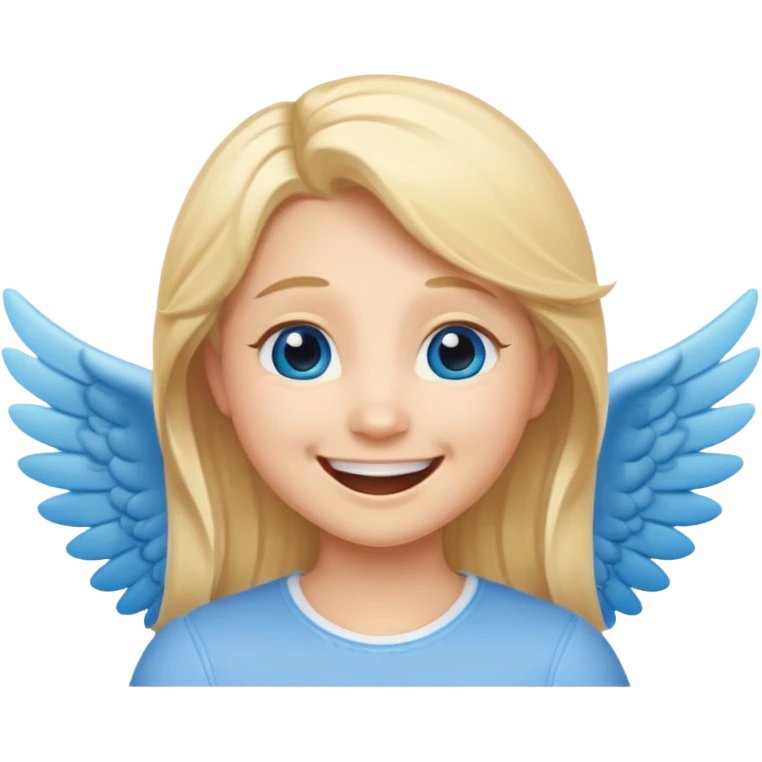 angel emoji blonde hair, blue eyes and smiling, larger wings with darker outline on them and bigger smile and more smiley eyes laughing emoji