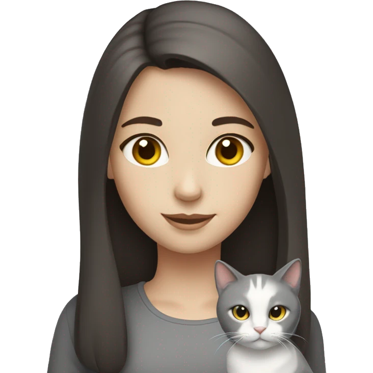 A girl with dark brown hair and white skin loves  a gray cats  emoji