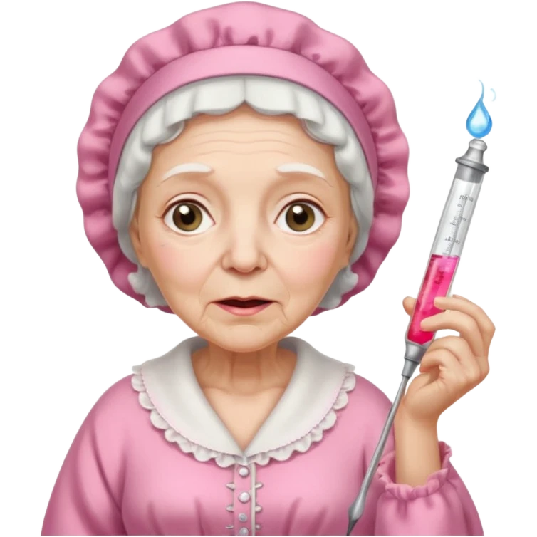sick old woman with glass thermometer on her mouth pink night gown, pink bonnet on her head emoji