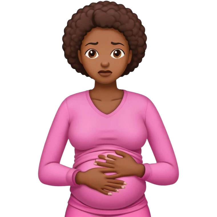 Black woman in pink holding stomach in pain emoji