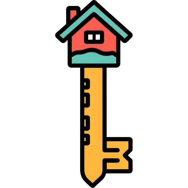 Key with a small house symbol, housing access concept for homelessness support logo emoji