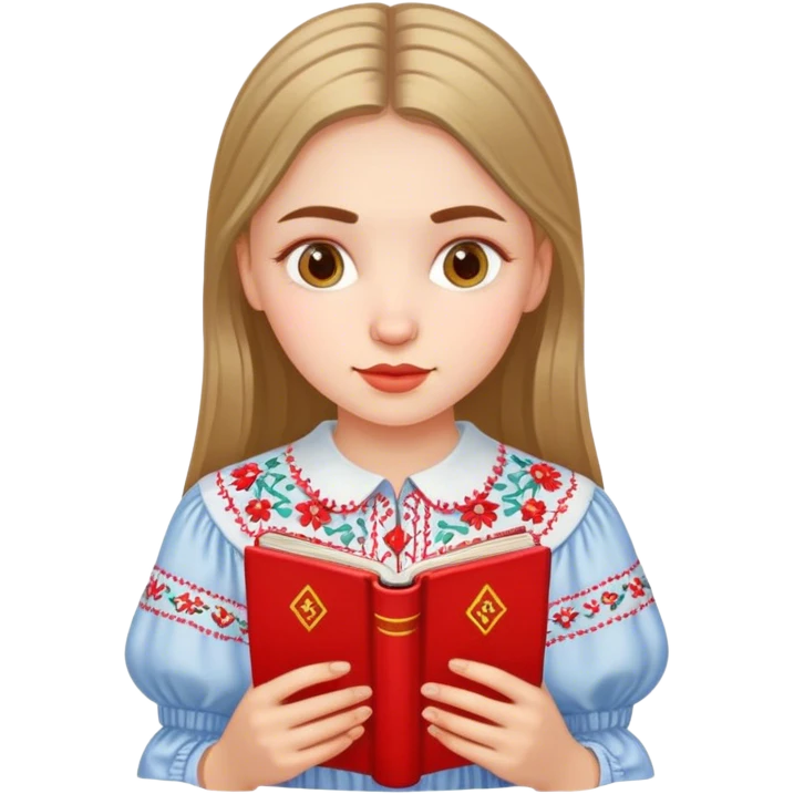 A Ukrainian girl in an embroidered shirt reads a red book emoji