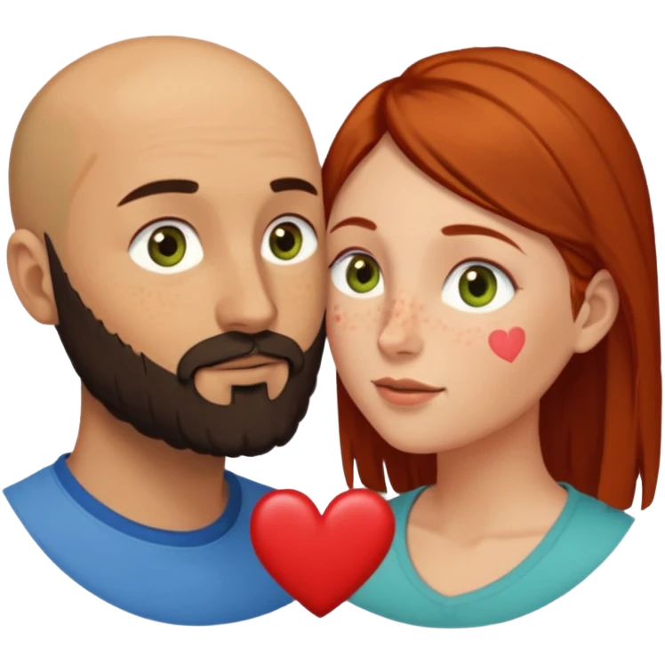 Couple. Bald man with dark brown-black beard. Woman with many small, faded, round freckles, white skin and she has auburn-yellow-brown dark hair. She has light yellow-brown-green eyes. He have hazel-blue eyes. They look at each other. Many small red hearts around them. emoji