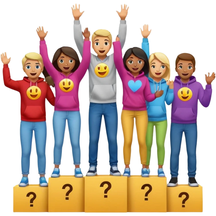 multi-racial men and women standing on an un-numbered winners’ podium with the middle podium position elevated, casually dressed in fun, colorful jeans, t-shirts, and hoodies, excited, fun, expressive emoji style emoji