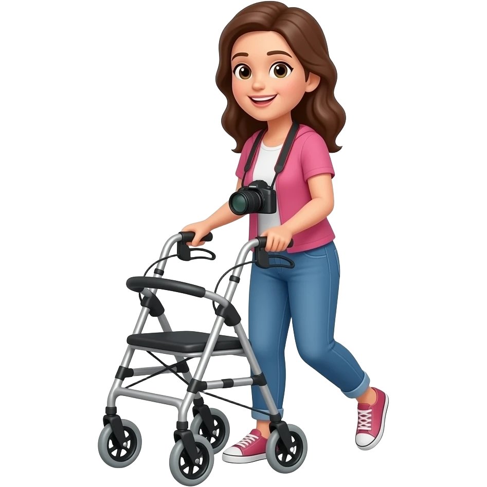 vrouw met fotocamera achter outdoorrollator lopen, emoji