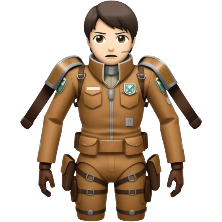 emoji-style illustration of Attack on Titan Survey Corps suit with flared collar, harnesses, minimalist maneuvering gear, muted browns blacks grays, determined facial expression, compact and stylized, clear at small size emoji