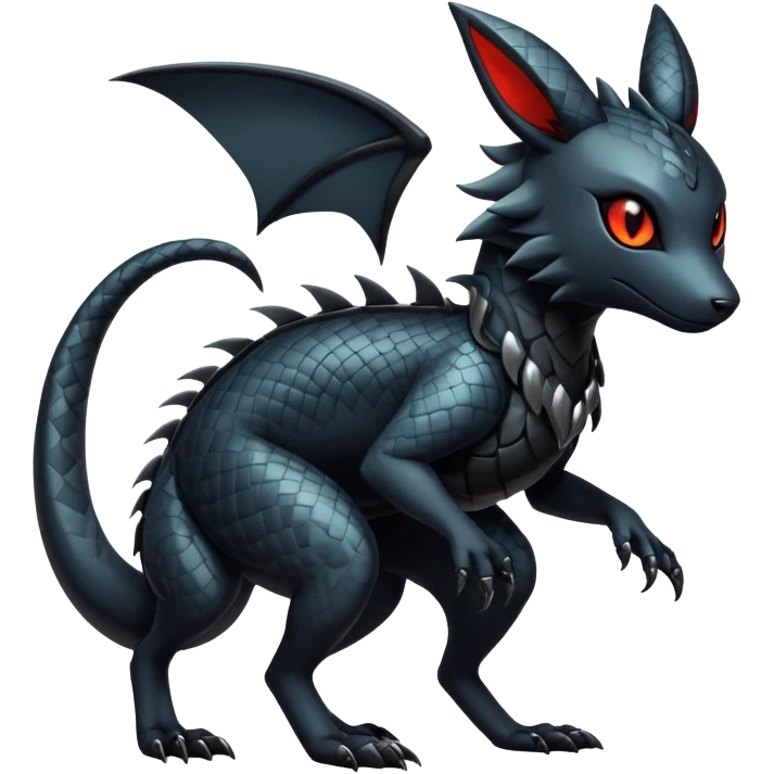 Sophisticated Modern Gothic Gloomy Futuristic Scaly Cyber-Salandit-Umbreon-Litten-Hybrid (Full body) emoji