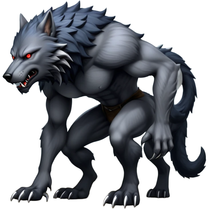 cinematic-noble-fierce-werewolf-full body on all fours-emoji, poised-and-imposing, with a tall, lean, and muscular wolfish frame inspired by the brutal, imposing shape of the beast from Berserk, fur rippling in shades of midnight black and silver, massive paws with razor-sharp claws, elongated limbs and fangs, eyes glowing with an intense, primal ferocity, reflecting the untamed power of the wild moonlit night; rendered with realism like a wolf hunched over battle ready pose ready to attack emoji