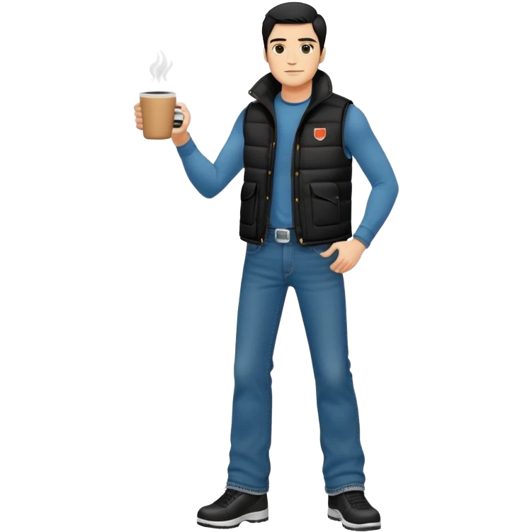 full body man with plain black puffy winter vest with no pockets over long sleeved shirt wearing straight levi boot cut levi blue jeans with no cuffs and tennis shoes holding one coffee mug in his hand and nothing in his other hand emoji