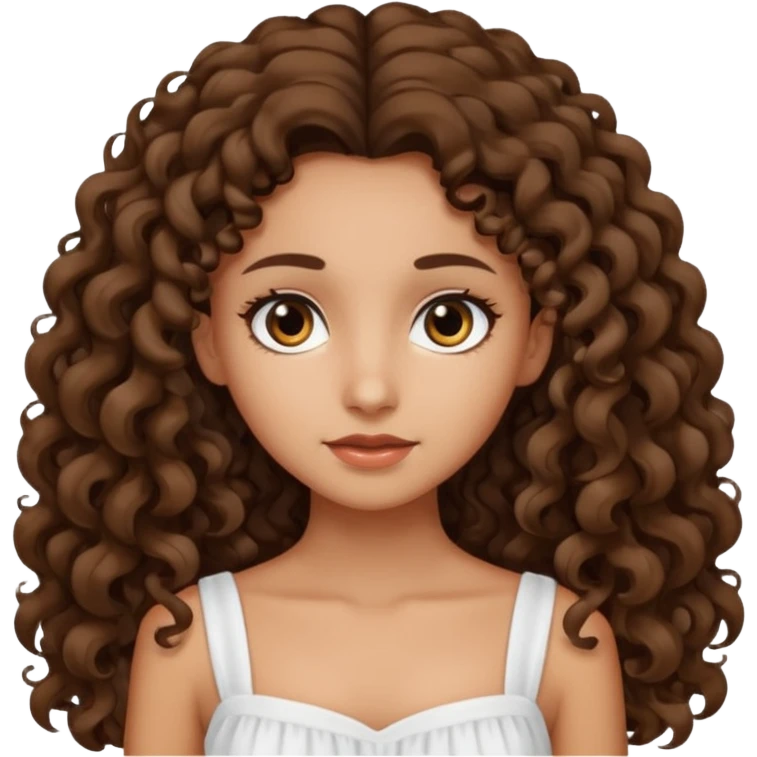 Light tanned skin girl with dark brown very long curly hair, dark eyes, white dress  emoji