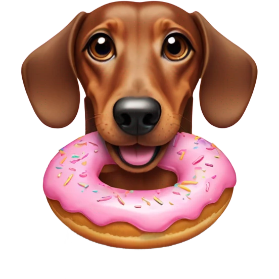 Dachshund smiling with a donut with pink frosting emoji